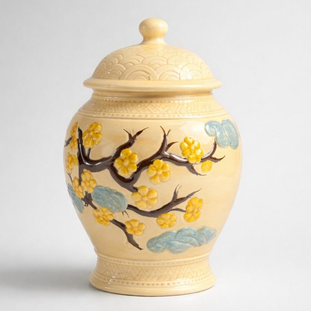 Vintage Heirloom Mold Cherry Blossom Ginger‎ Jar w Lid Ceramic 9" Tall